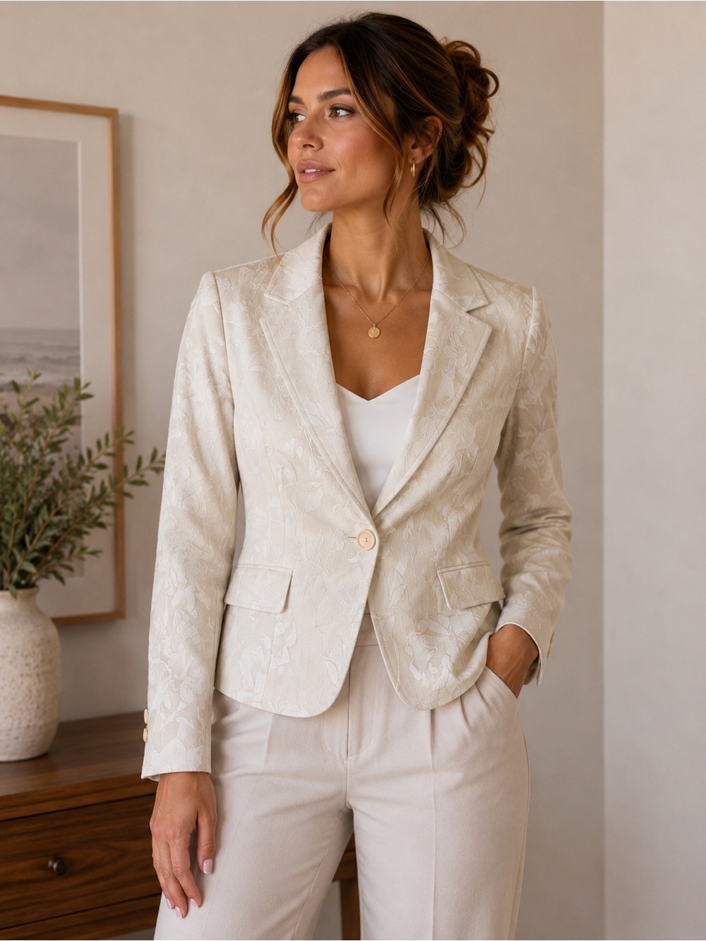Bryan’s Elegant Cream Floral Blazer Size S Wedding Guest Business Casual Elegant
